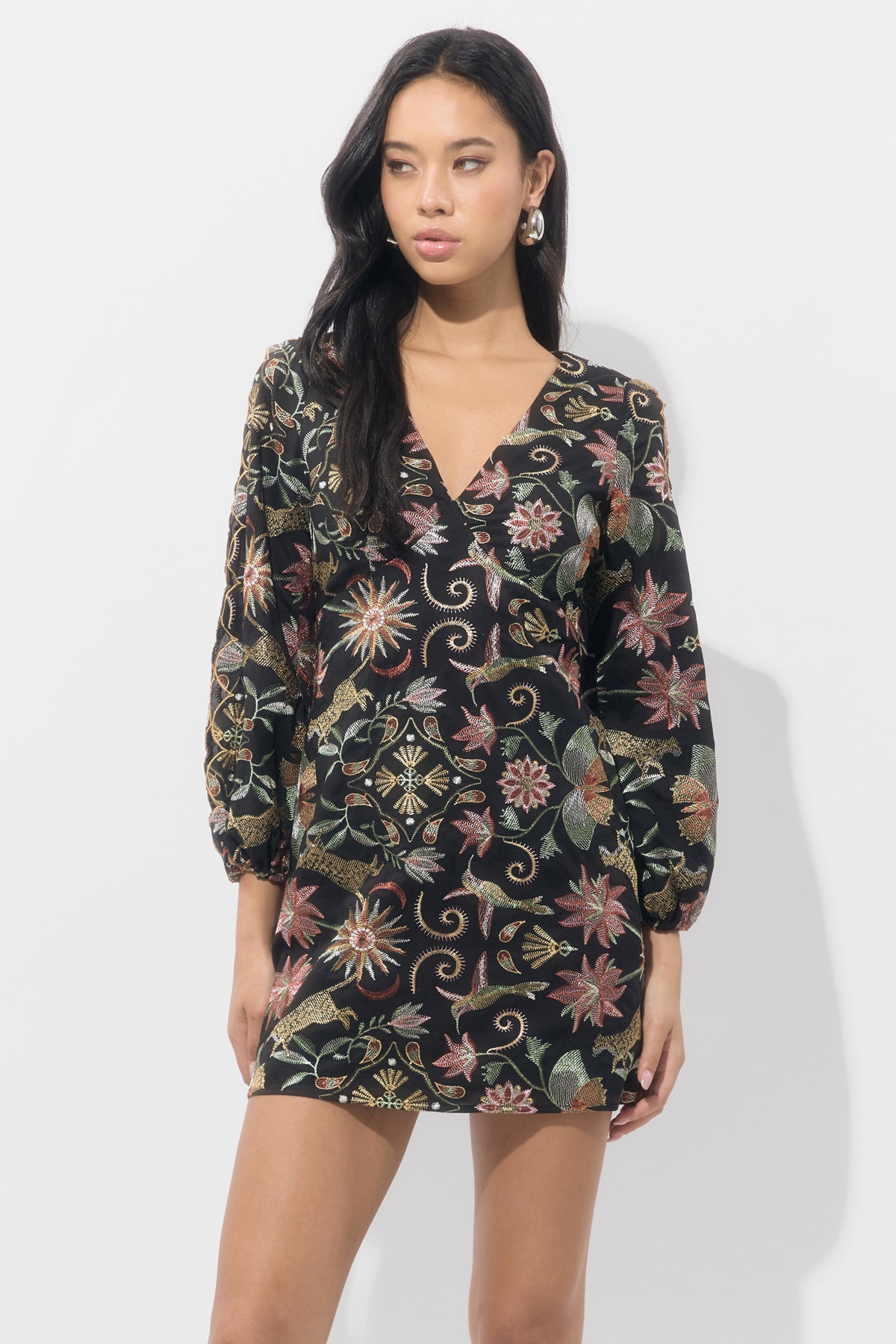 long sleeve scallop dress Juno Scallop Sleeve Embroidery Mini Dress