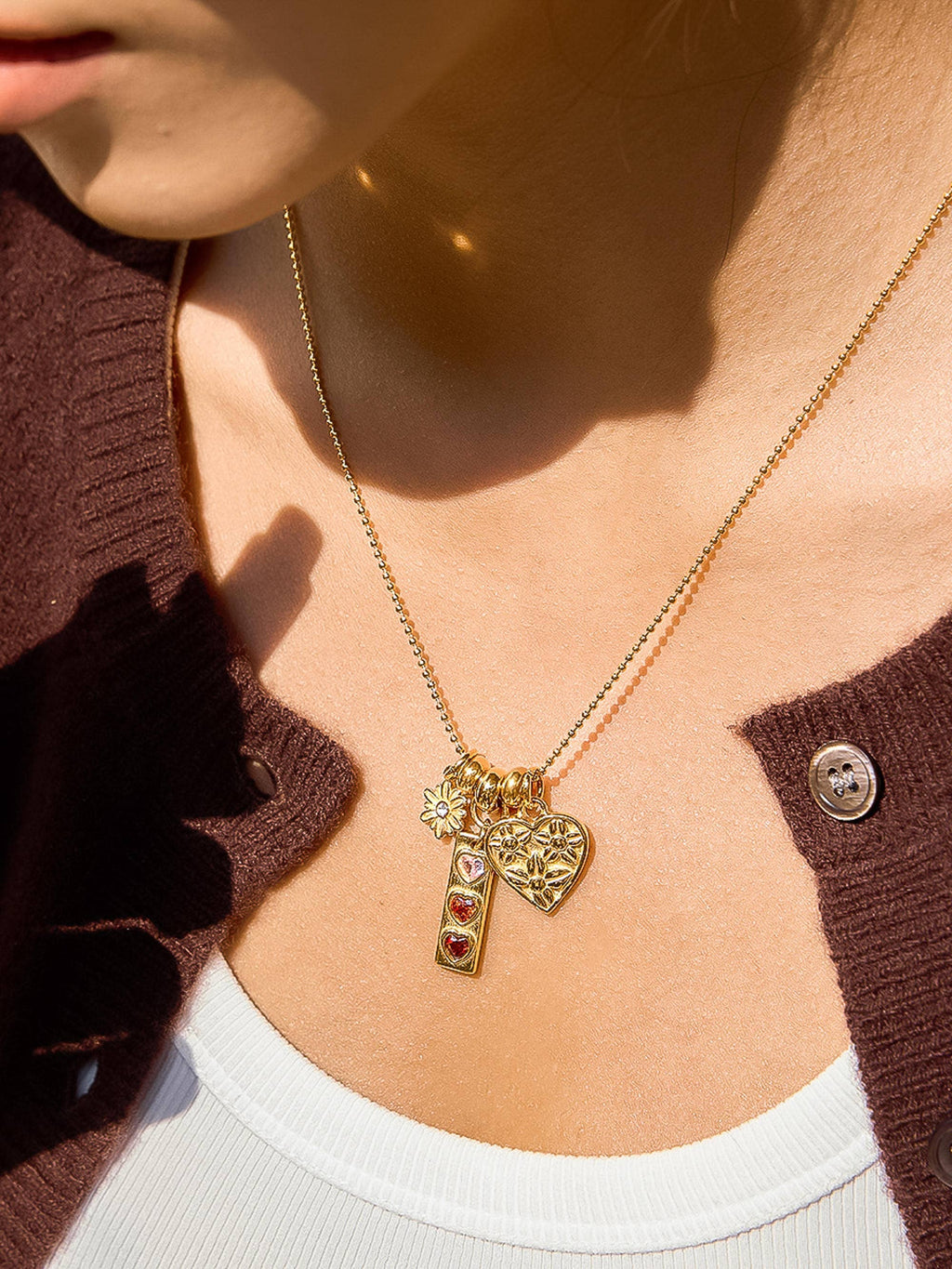 Evarose 18K Gold Non-Tarnish Floral Heart Charm Necklace