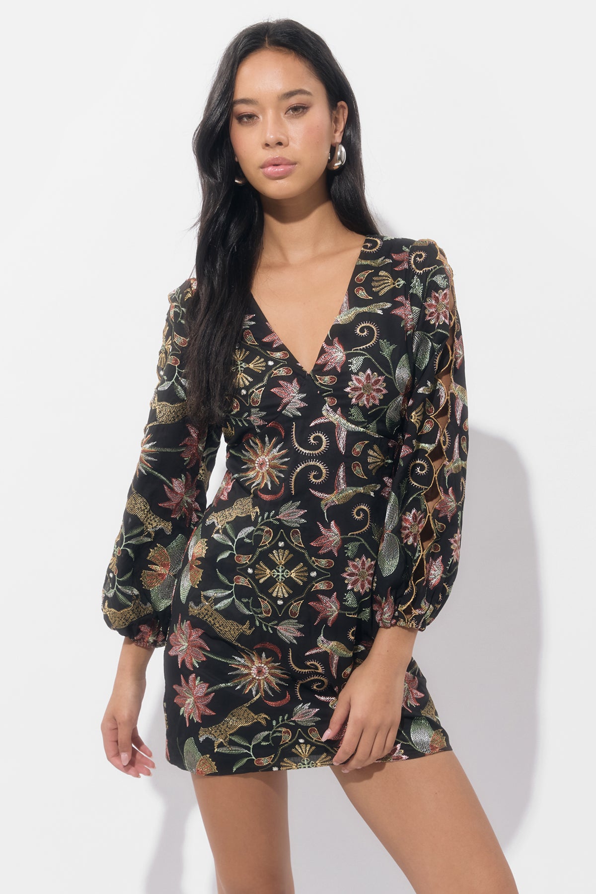 Juno Scallop Sleeve Embroidery Mini Dress